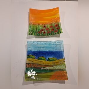 2 Vietri Italy Fused Glass Winding River & Poppy Trinket Dishes